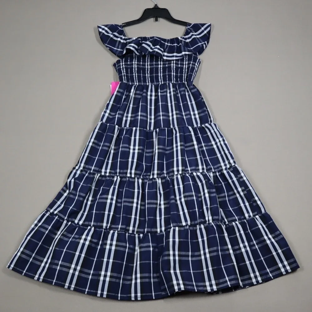 Beautees Big Girls Smocked Bodice Plaid Taffeta Tiered Maxi Dress - Navy- Size 7
